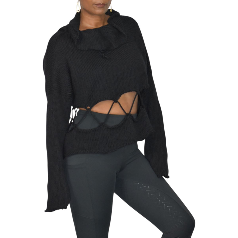 Manuelle Guibal Sweater Black Knit Cropped Cutout Lace Up Long Sleeve Boxy Large
